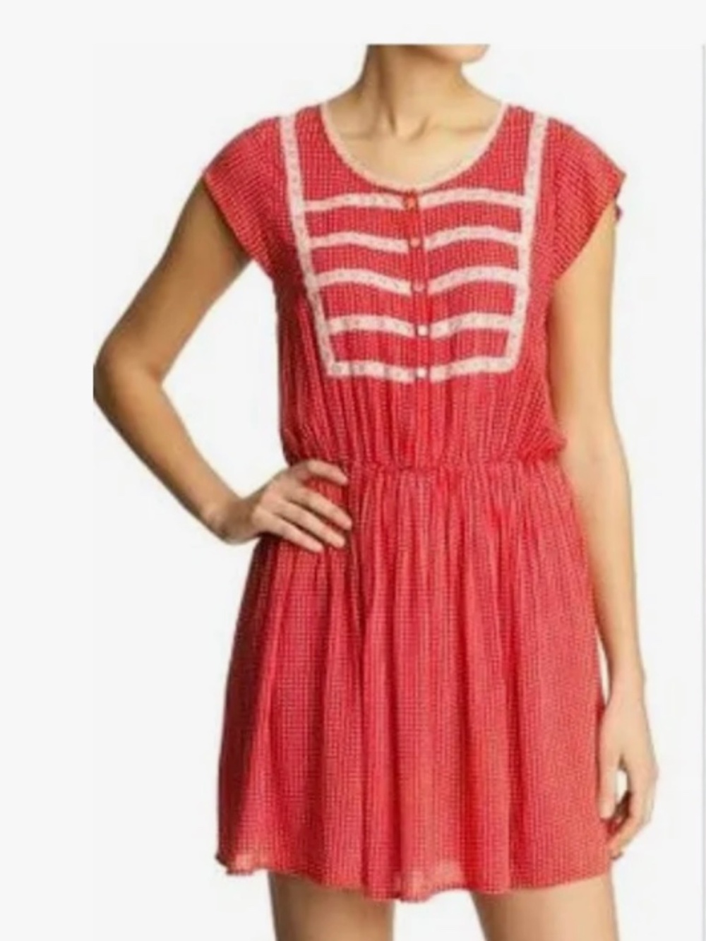 Free People Red White Polka dot light weight mini dress lace detail US 10 12
